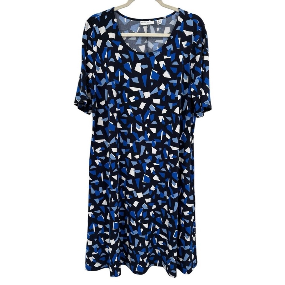 Susan Graver Printed Liquid Knit Fit & Flare Dress Large Blue Geo Print EUC